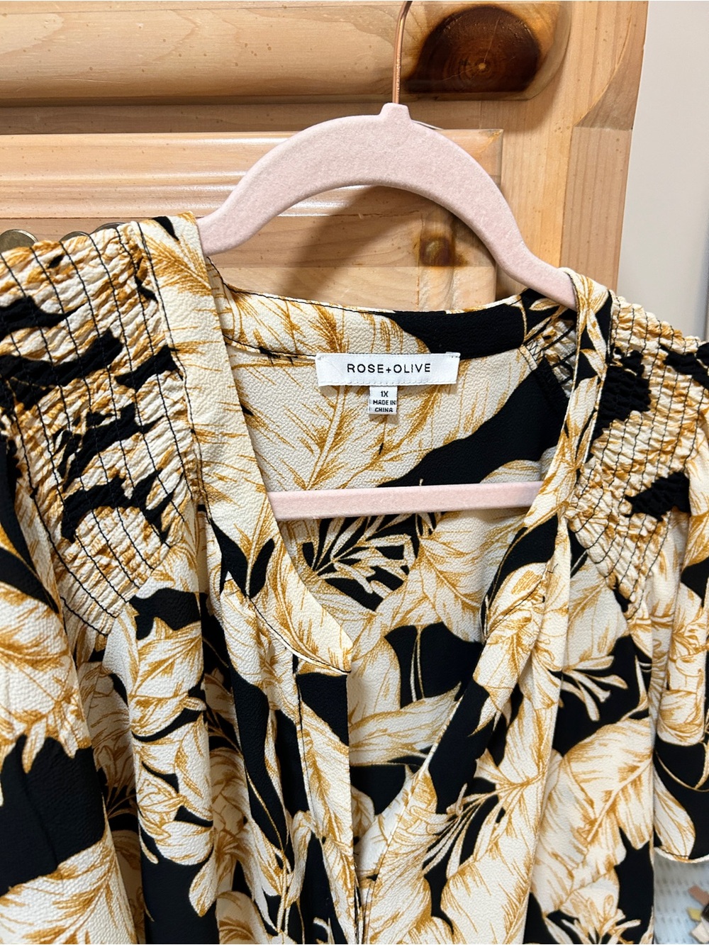 Rose & Olive Black and Mustard Leaf-Print V-Neck Blouse with Smocked Shoulders